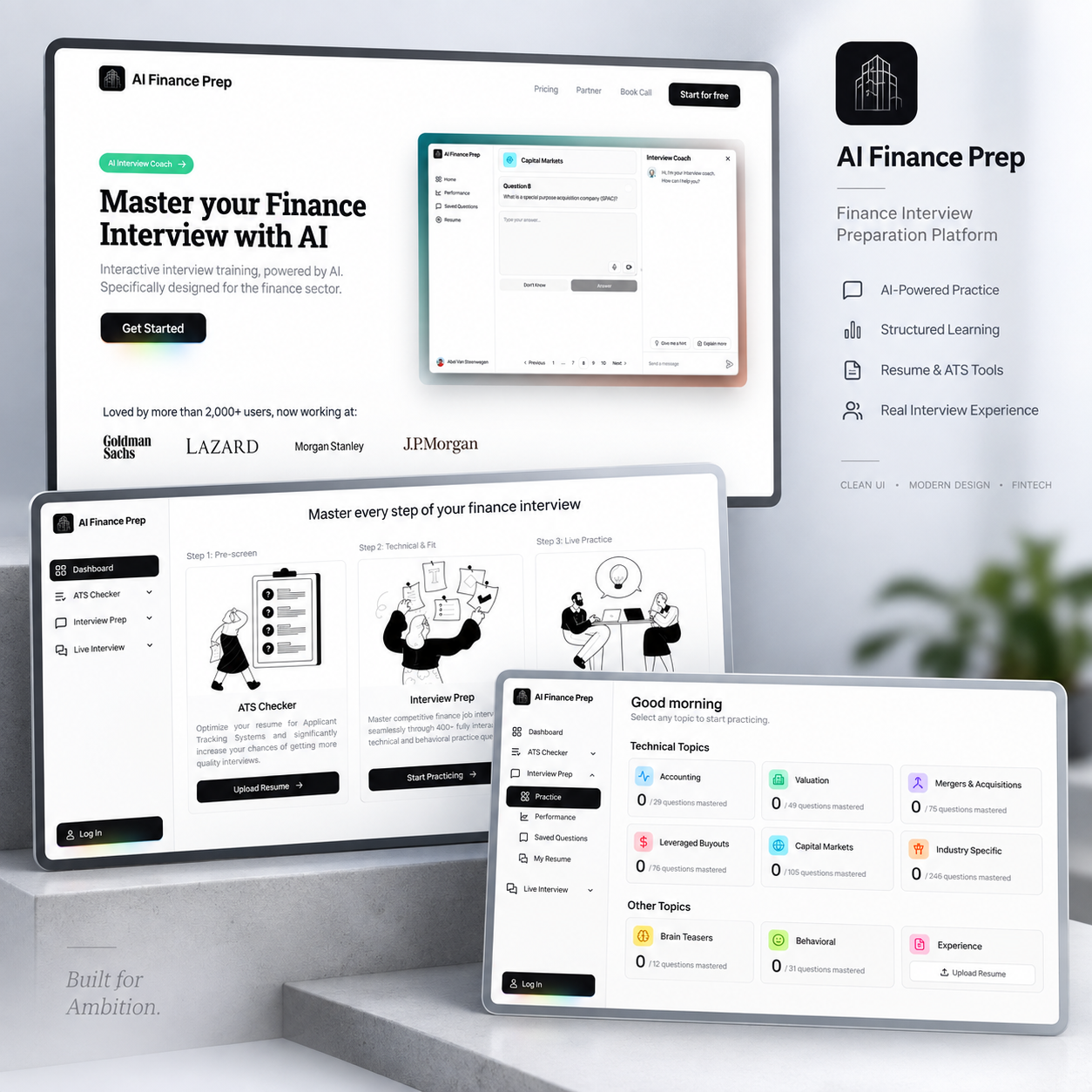 AI Finance Prep interview platform, showing the landing page, practice dashboard and topic tracker
